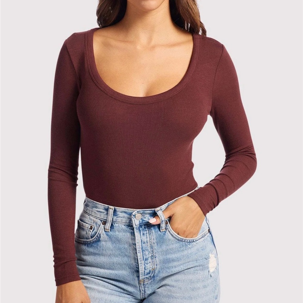 Nuuds Slinky Rib Black Cherry Long Sleeve Bodysuit  medium
